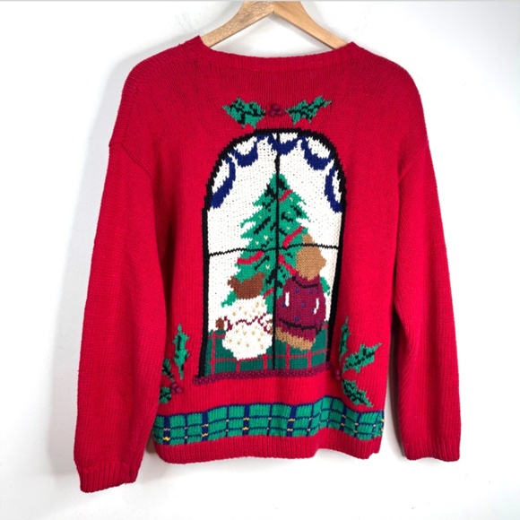 VTG 90s Lecomte Hand Knit Christmas Sweater M Teddy Bear AOP 3D Knit Red Granny - Picture 2 of 10